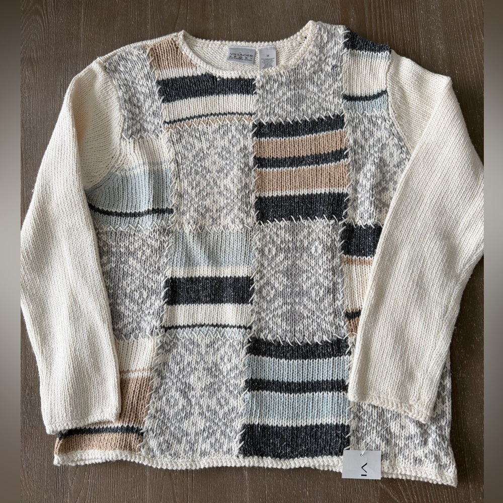 VNTG Villager Sport Liz Claiborne Patchwork Knit Sweater NWT - M Ramie Cotton